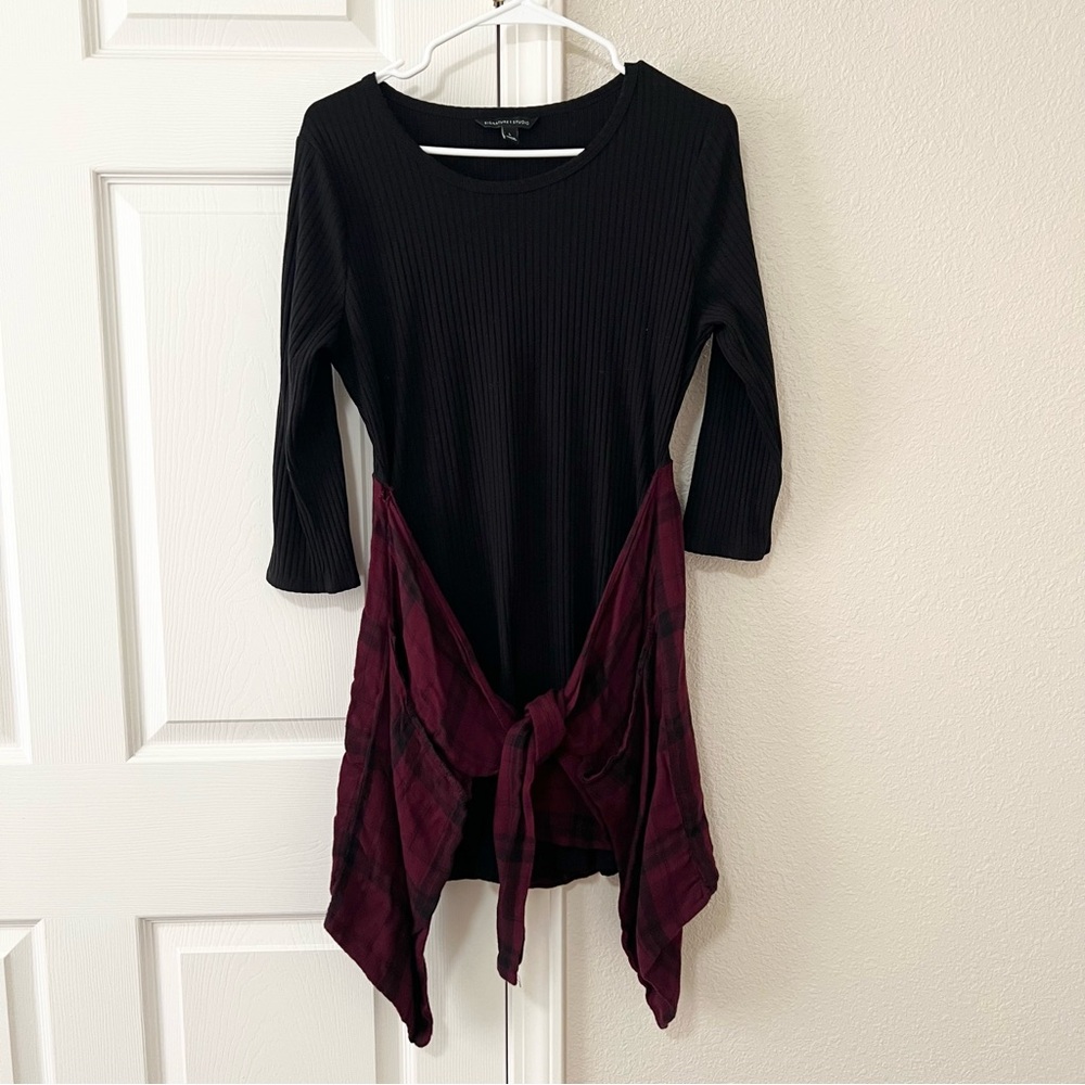 Signature Studio Black Ribbed Sweater Dress With Tie On Flannel - Large